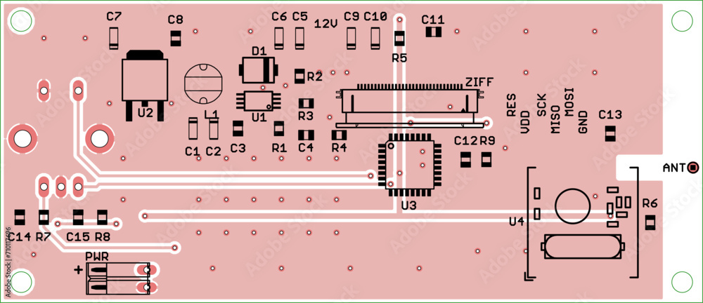 Poster vector printed circuit board of electronic device with components of radio elements, conductors, con