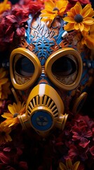 A masquerade with fancy masks and bright flowers close up