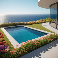 Fototapeta premium Outdoor patio and small pool in a modern residential building in the evening with lighting and ocean view, hyper-realistic concept of sustainable lifestyle, ecology and ocean recreation,