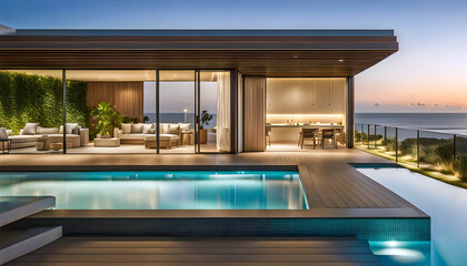Fototapeta premium Outdoor patio and small pool in a modern residential building in the evening with lighting and ocean view, hyper-realistic concept of sustainable lifestyle, ecology and ocean recreation,