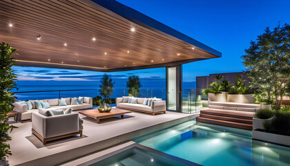 Fototapeta premium Outdoor patio and small pool in a modern residential building in the evening with lighting and ocean view, hyper-realistic concept of sustainable lifestyle, ecology and ocean recreation,