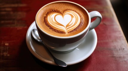 A cup with a delicious cappuccino on a wooden background. Lush foam with a painted heart. Morning drink.