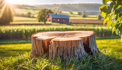 Fototapeta premium Large detailed scenic wooden stump on a food farm, with a cozy village in the background, a podium for demonstrating organic products,