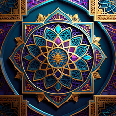Obraz premium Illuminated Symmetry: Radiant Islamic Geometry with Calligraphic Flourishes, A Captivating Ode to Beauty and Precision in Ramadan Artistry. generative AI