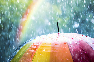Farbenfroher Schutz im Regen: Ein Regenschirm in Regenbogenfarben, eine lebendige Szene, die den Schutz vor Nässe mit einem Hauch von Farbenpracht vereint.