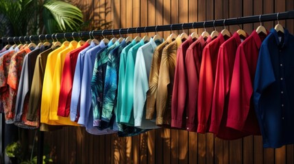 Colorful shirts are displayed in a store in a shopping center. Sale fashionable clothes