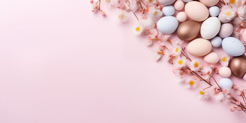Fototapeta na wymiar Multi-colored Easter eggs in pastel colors surrounded by a branch of flowers, laid out in the form of a triangle