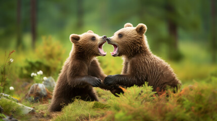 Two cute brown bear cubs playing in the forest