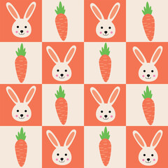 Checkered carrots and easter bunnies seamless pattern. For easter greeting cards, background, fabric and textile