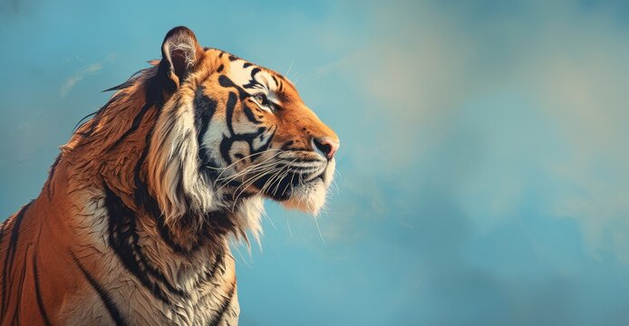 A tiger dries its wet fur in sunlight against blue.