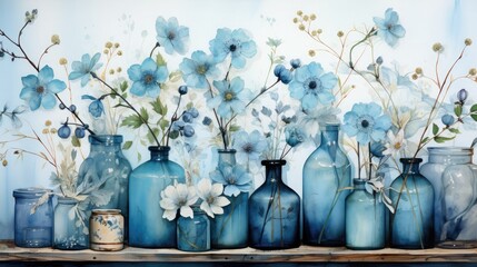 A shelf filled with multiple blue bottles containing white flowers, arranged on a wooden table