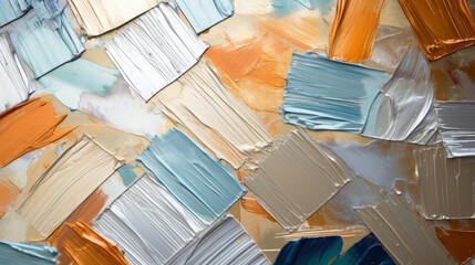Closeup of metallic blue, silver, orange art painting in squares and rectangles with oil brushstroke, pallet knife painting, texture