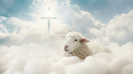 Fluffy clouds in the heavenly sky with sheep and a cross in the background