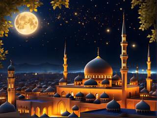 Illuminated Ramadan Night: A Graphic Representation of Spiritual Enlightenment in a Cityscape Aglow with Lights, Stars, and Crescent Moon. generative AI