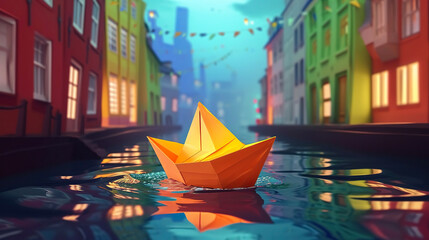 Yellow origami paper boat sailing down the street, cartoon illustration. Generated AI