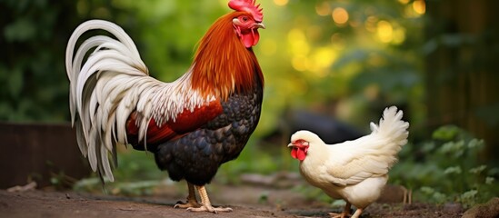 A rooster and mother hen care for their newborns. Domesticated chickens, scientifically known as Gallus gallus domesticus, are raised for their meat. - obrazy, fototapety, plakaty