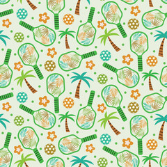 Pickleball paddles seamless pattern  with tropical leaves, palm trees and balls. For textile, fabric and summer décor