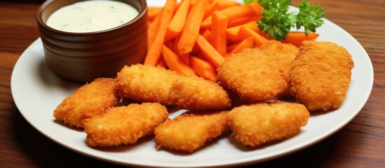 Chicken nuggets served with carrots and sauce for dipping.