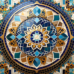 Geometric Harmony in Islamic Mosaic: An image featuring geometric harmony in an Islamic mosaic backdrop. The interplay of shapes and patterns conveys a sense of unity and balance, refle. generative AI
