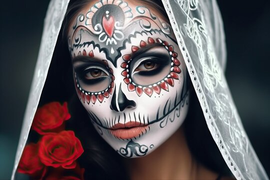 Beautiful young woman in sugar skull makeup for Halloween party