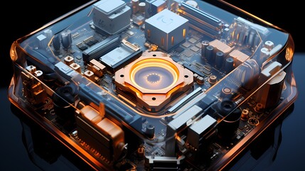 A top-down view of a CPU with transparent side panels, showcasing the powerful components inside