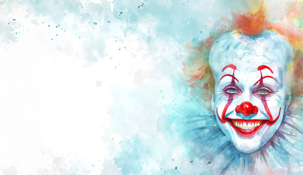 Colorful clown face with a wide smile, vibrant watercolor illustration, joyful and playful expression, artistic and creative, perfect for fantasy themes. Banner with copy space.