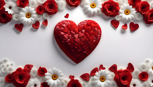 3D colorful red love heart surrounded with two borders of fresh flowrs