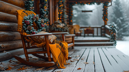 Chair with fur cover on a porch deck of a log cabin with snow. Tea, warm blanket and reading. Cold winter relax weekend - obrazy, fototapety, plakaty