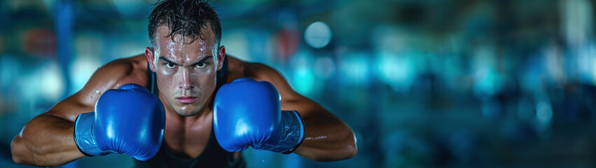 Determined boxer in blue gloves focused, training hard in a dimly lit gym, sweat glistening, embodying strength and dedication. Banner with copy space.