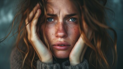 Close-up of a freckled woman holding her face in deep contemplation against a blurred background