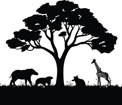 Silhouettes of trees and animals