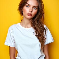 Young european woman standing with hands in pockets, wearing blank white tshirt with copy space for your logo or text, yellow background