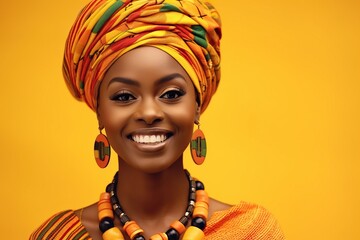 Joyful African woman celebrates her vibrant cultural heritage.