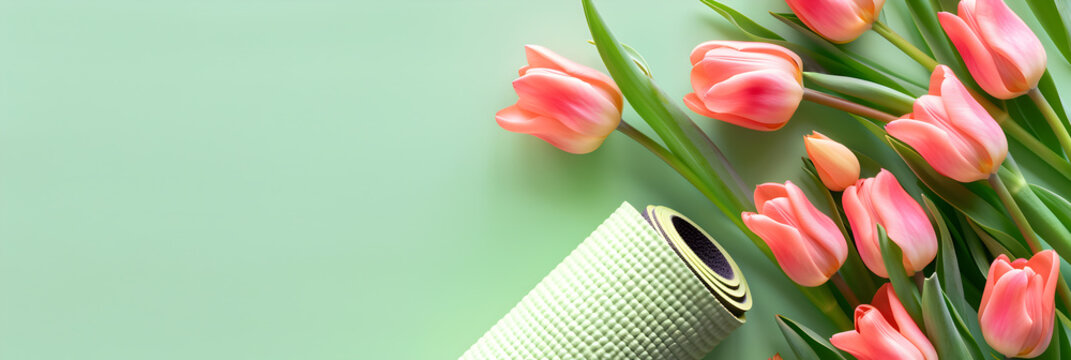 Rolled up sports mat on a soft green background. Concept of sport, fitness, Women's Day and Valentine's Day. Copy space. Banner.