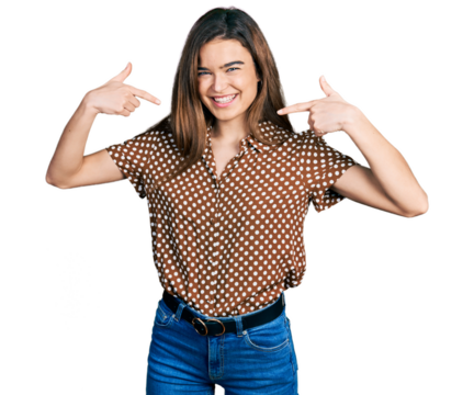 Young caucasian girl wearing casual clothes looking confident with smile on face, pointing oneself with fingers proud and happy.