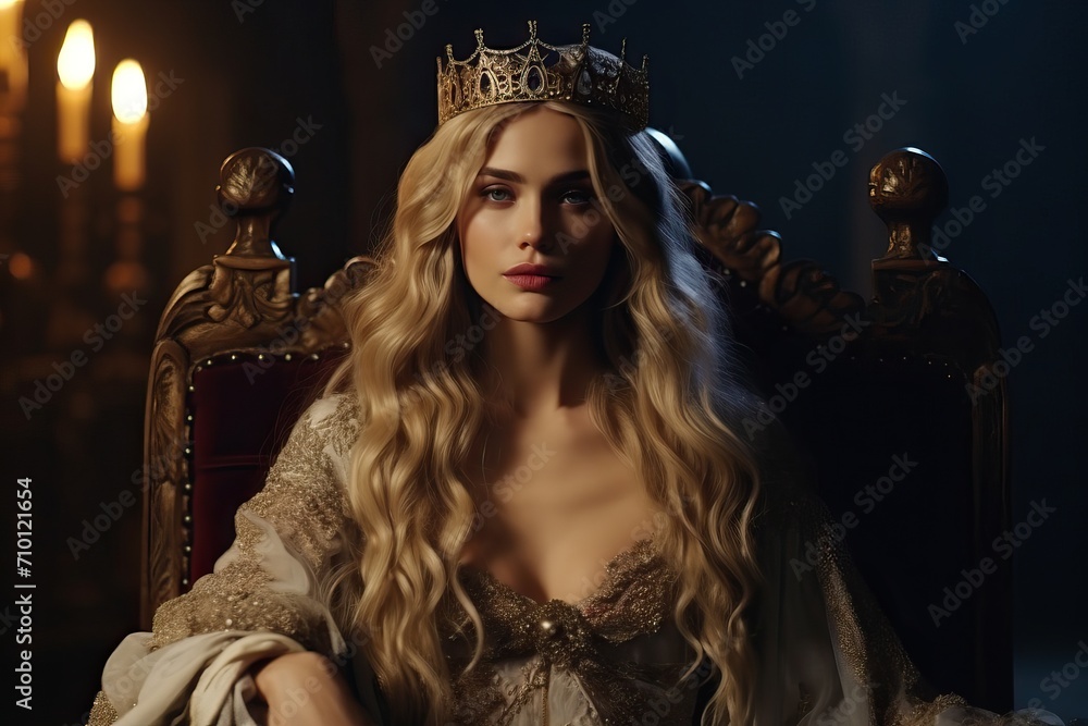 Wall mural Medieval princess in gothic room with golden crown and long blonde hair.