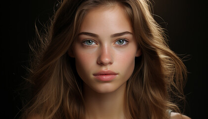 Naklejka premium Beautiful young woman with long brown hair generated by AI