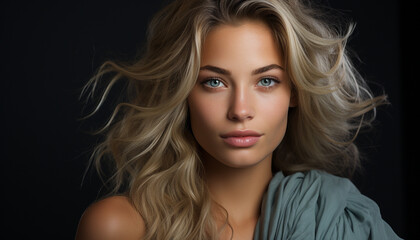 Naklejka premium Beautiful woman with long blond hair looking at camera generated by AI