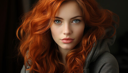 Fototapeta premium Beautiful redhead woman looking at camera with confidence generated by AI