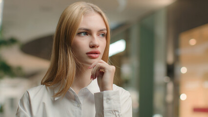 Pensive Caucasian girl 20s businesswoman thoughtful woman female entrepreneur office manager...