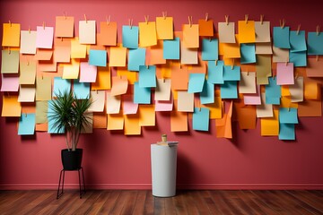 Radiant neon-colored sticky notes arranged in a dynamic formation on a coral background, offering a vibrant and lively space for messages and reminders