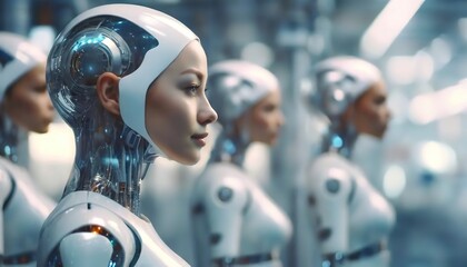 Futuristic Androids Lined up in Illuminated Facility. Humanoid robots showcase the intersection of artificial intelligence and elegant design, technologically advanced environment.