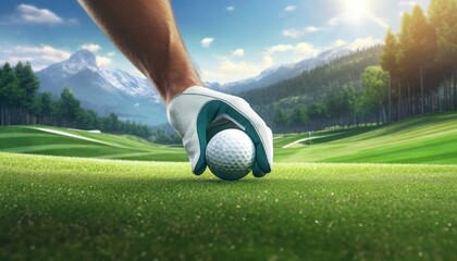 Golfing Precision on a Lush Mountain Course. A gloved hand places a golf ball with utmost care on a vibrant green, mountains towering in the backdrop. - obrazy, fototapety, plakaty