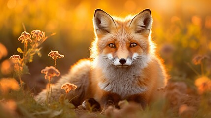 Majestic red fox standing gracefully in the middle of a serene meadow on a beautiful summer day.