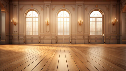 Classical empty room interior 3d render,The rooms have wooden floors and gray walls ,decorate with white moulding,there are white window looking out to the nature view