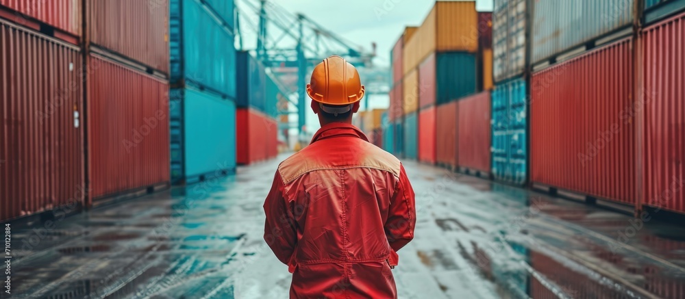 Poster warehouse worker in uniform and hard hat in container port terminal handling logistics for import, e