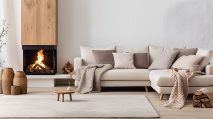 Cozy scandinavian home interior design  modern living room with white corner sofa and fireplace