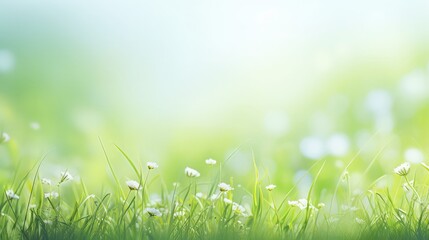 Fototapeta premium Abstract art of spring background or summer background with fresh grass and white flowers. Natural colorful panoramic landscape, beautiful bokeh, natural tones