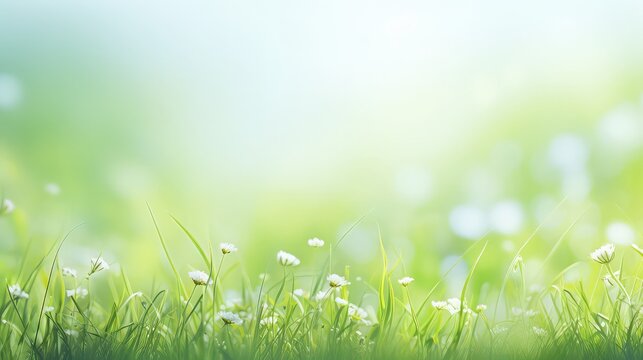 Abstract art of spring background or summer background with fresh grass and white flowers. Natural colorful panoramic landscape, beautiful bokeh, natural tones