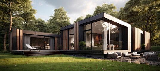 Luxurious minimalist villa with wooden cladding, black panel walls, and front yard landscaping